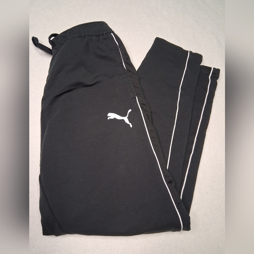 4/20$ Puma Black Joggers with White Logo and Side Piping